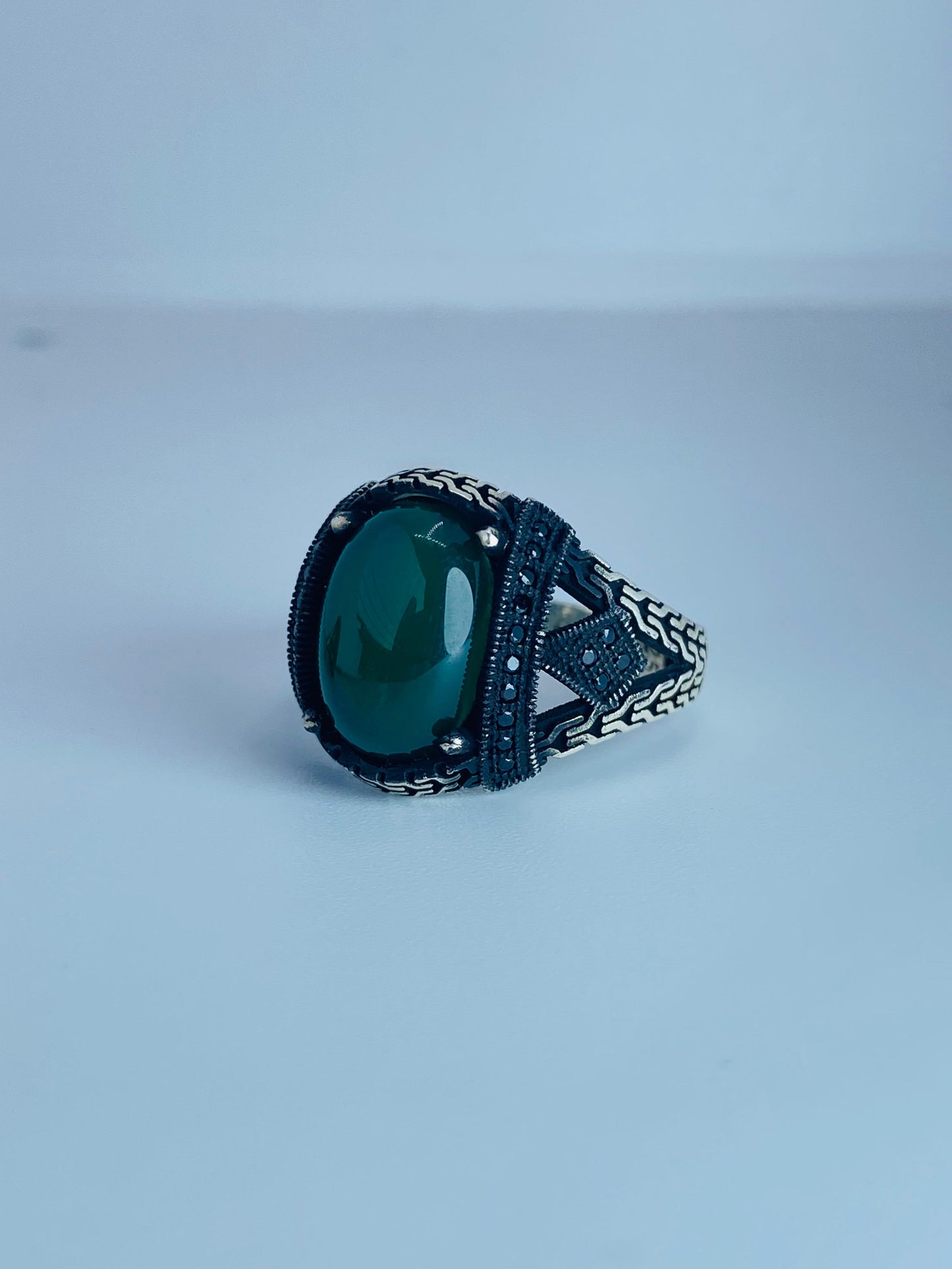 Zewar-e-Shahbaz: Pure Chandi Ring with Green and Black Yamini Aqeeq | Handcrafted Men's Silver Ring