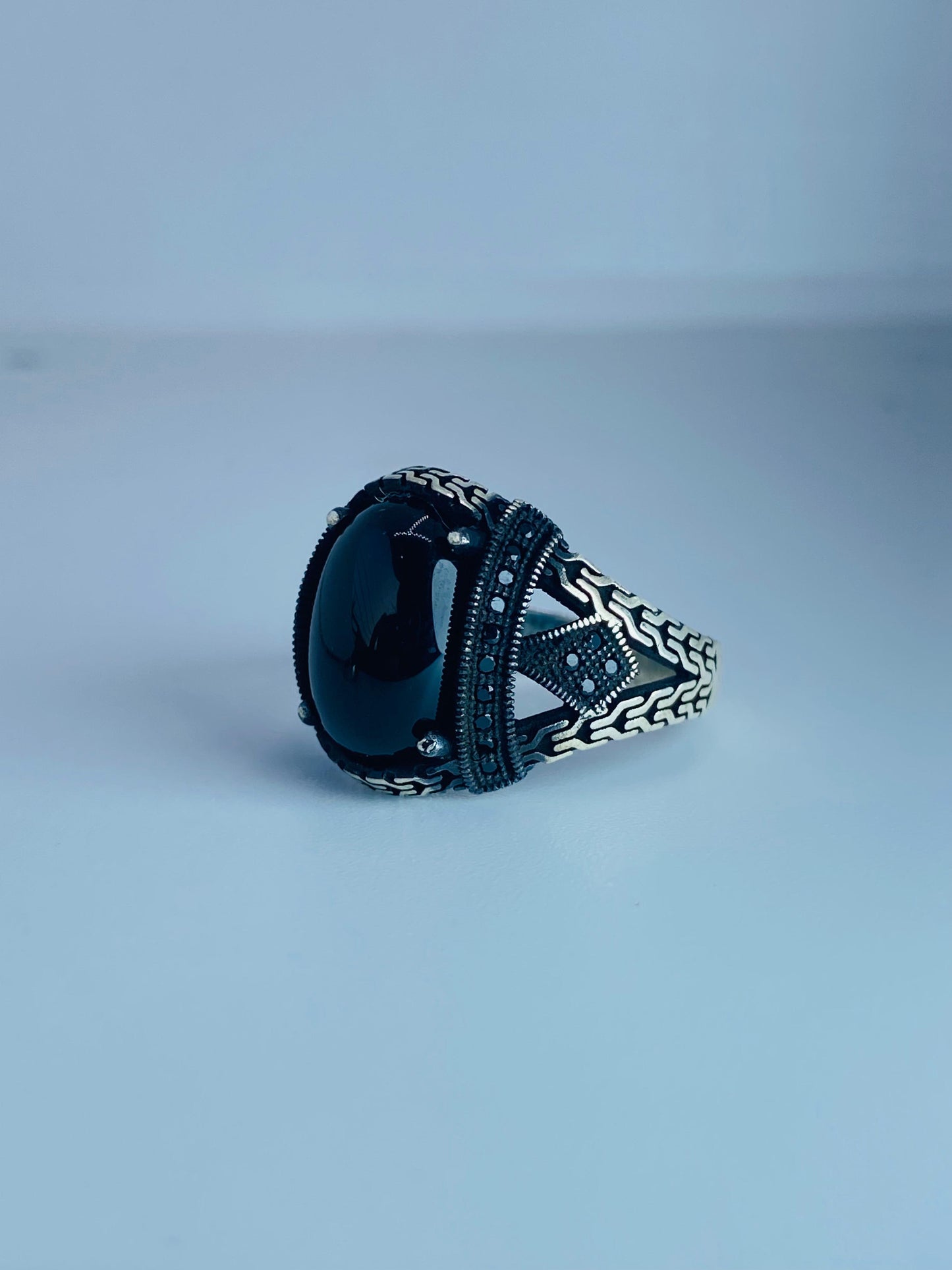 Zewar-e-Shahbaz: Pure Chandi Ring with Green and Black Yamini Aqeeq | Handcrafted Men's Silver Ring