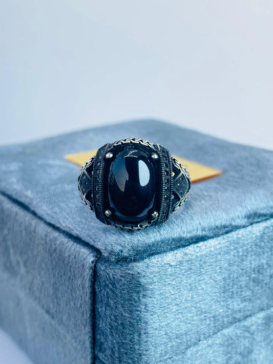 Zewar-e-Shahbaz: Pure Chandi Ring with Green and Black Yamini Aqeeq | Handcrafted Men's Silver Ring