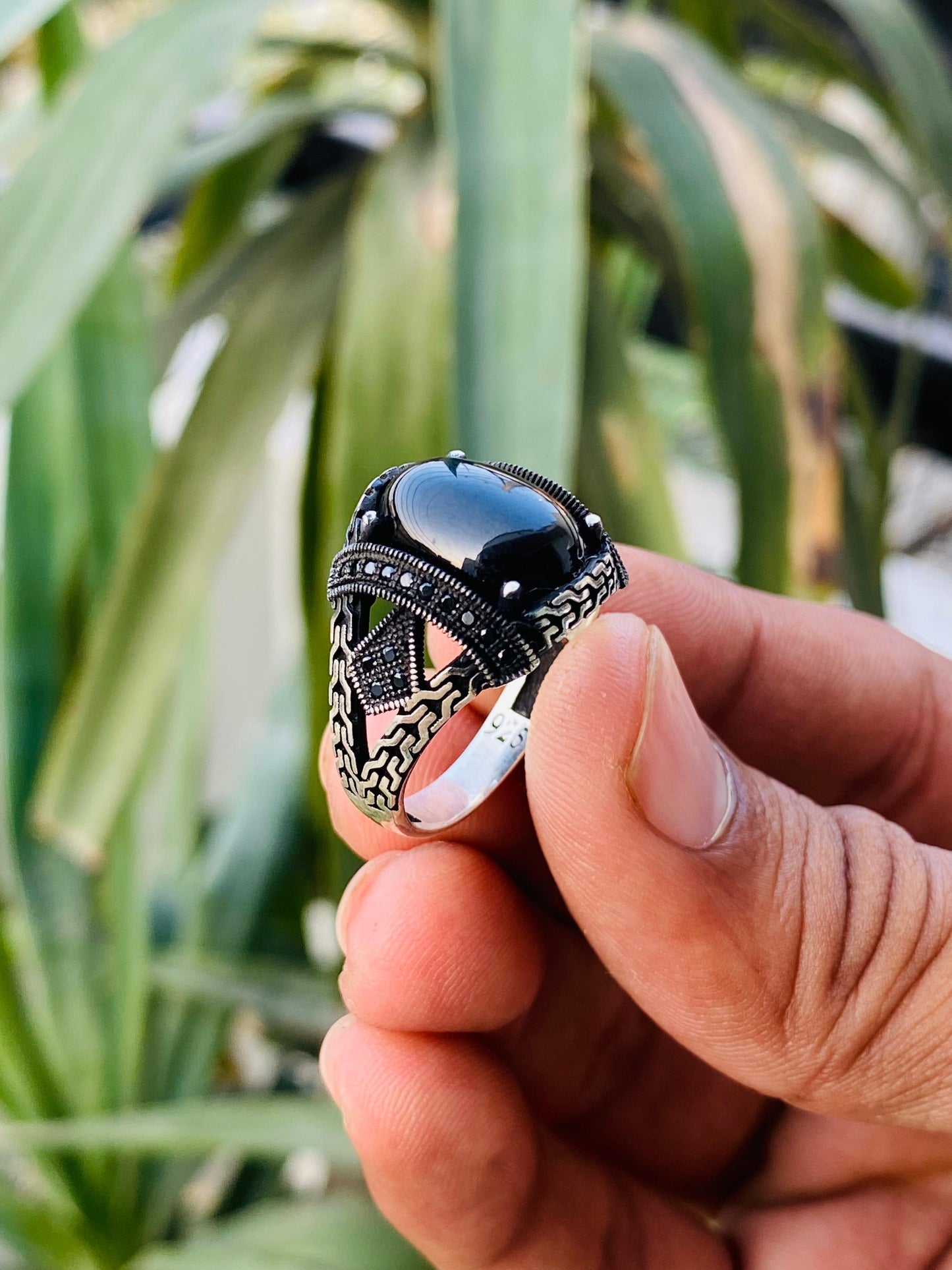 Zewar-e-Shahbaz: Pure Chandi Ring with Green and Black Yamini Aqeeq | Handcrafted Men's Silver Ring