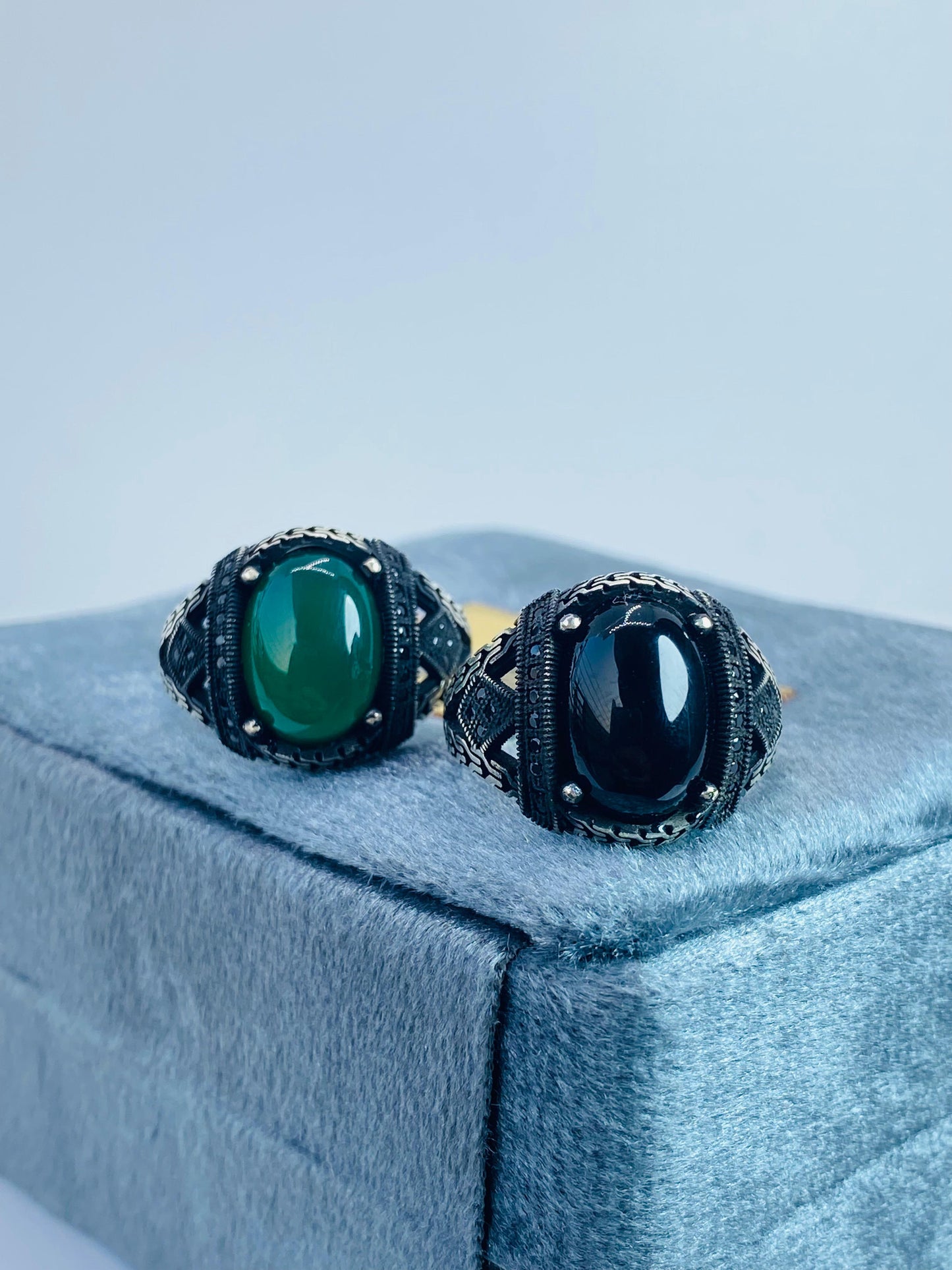 Zewar-e-Shahbaz: Pure Chandi Ring with Green and Black Yamini Aqeeq | Handcrafted Men's Silver Ring