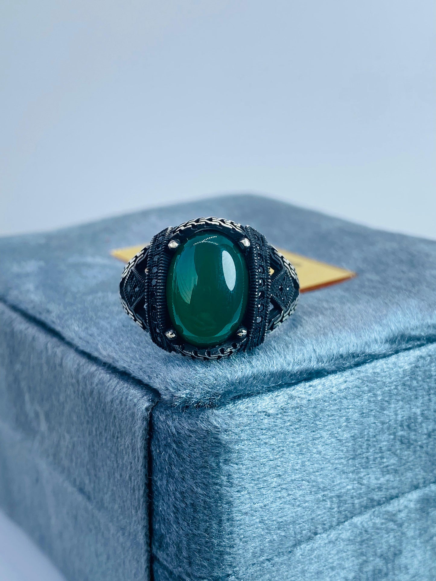 Zewar-e-Shahbaz: Pure Chandi Ring with Green and Black Yamini Aqeeq | Handcrafted Men's Silver Ring