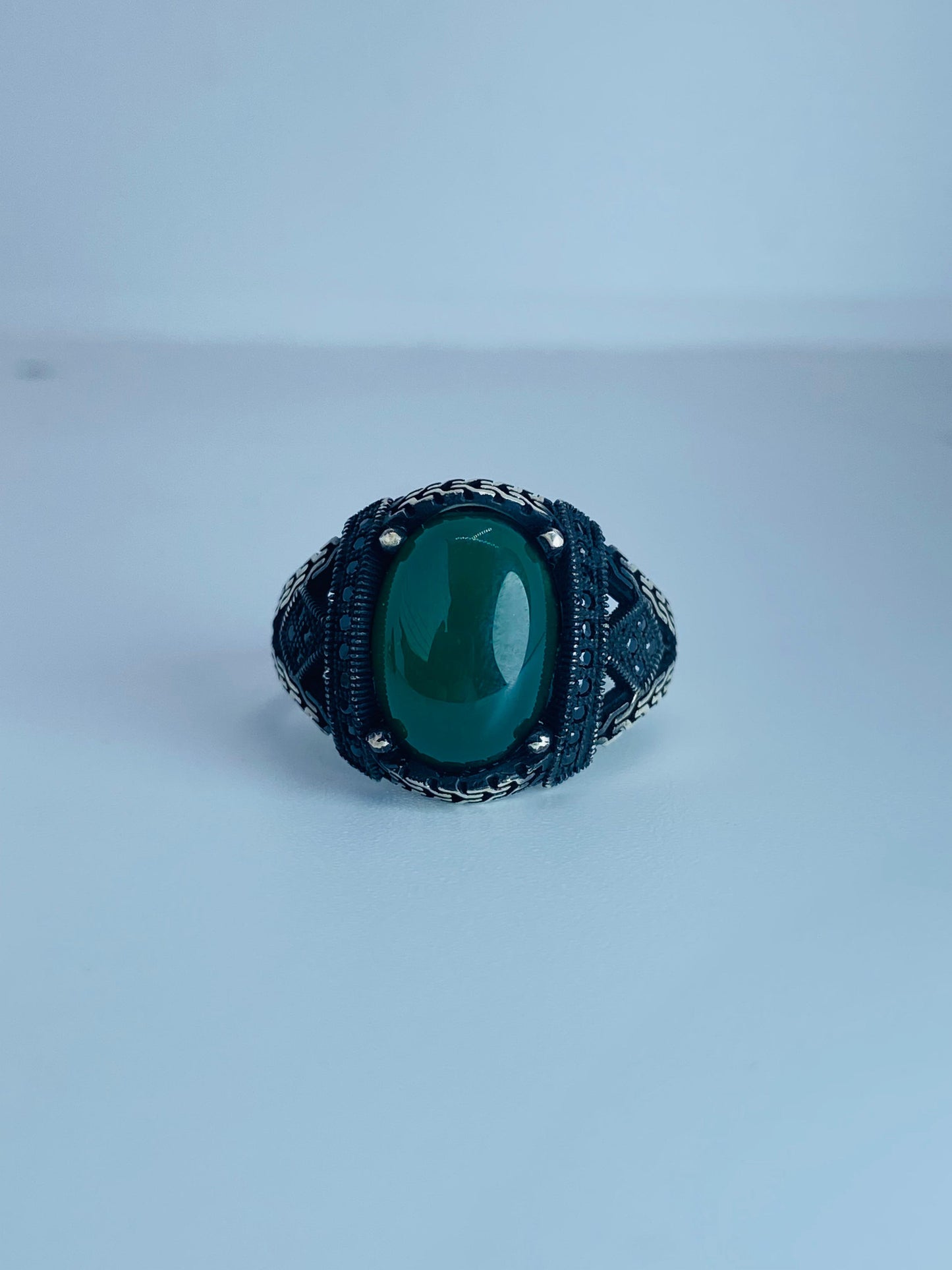 Zewar-e-Shahbaz: Pure Chandi Ring with Green and Black Yamini Aqeeq | Handcrafted Men's Silver Ring